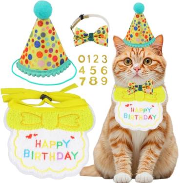 Imagem de AgoumLux Conjunto de artigos de festa de aniversário para gatos, meninas, meninos, gatos, aniversário, bandana, chapéu, números, decorações, conjunto de roupas, amarelo