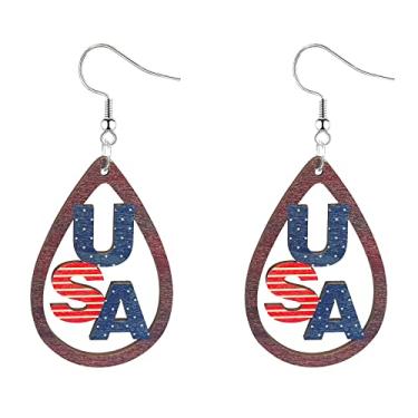 Imagem de Brincos patrióticos do Dia da Independência para mulheres, vermelho, branco, azul, bandeira americana, brincos de gota com tema de águia e estrela dos EUA 4 de julho, Madeira, Sem pedra preciosa