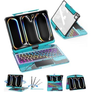 Imagem de TSQQST Capa transparente com teclado sem fio para iPad Pro de 11 polegadas (M4) 2024 com suporte para lápis e trackpad multitoque, PCB visível, brilho de 3 e luz de fundo de 7 cores, rotação 360, azul