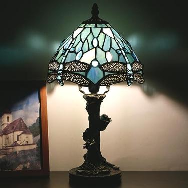 Imagem de Lâmpada pequena Tiffany de vidro manchado, estilo libélula, azul marinho, luz de mesa de cabeceira, mini luminária de memória de 20 x 38 cm