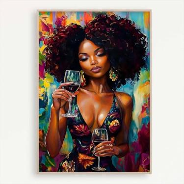 Imagem de Pintura em tela de mulher afro-americana impressão de torcida retrato de mulheres negras decoração de arte de parede menina negra bebendo vinho pôster bar imagens coloridas abstratas afro-americanas