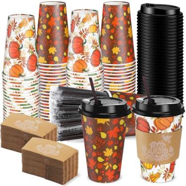 Imagem de Lallisa 50 conjuntos de copos de café de outono descartáveis de Ação de Graças de 473 ml com tampas, canudos, mangas de outono abóbora de bordo para bebidas quentes e frias bebendo suprimentos de