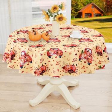 Imagem de misaya Toalha de mesa redonda de vinil impermeável, toalha de mesa limpa com forro de flanela, capa de mesa de plástico para o outono, Dia de Ação de Graças (caminhão de abóbora, 152 cm)