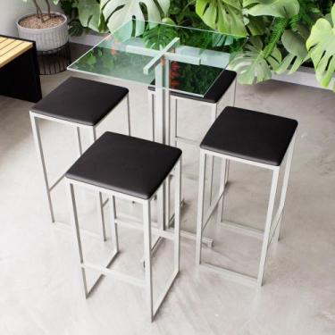 Imagem de Conjunto Mesa Alta Bar Bistrô Quadrada Vidro 4 Bancos Estofado Industr