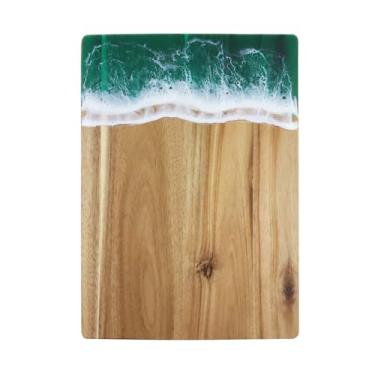 Imagem de Pastlla Tábua de corte de madeira de acácia de 35 x 26 cm, padrão de onda verde para cozinha, tábua de cortar e cortar para carne, vegetais e frutas, presente fantástico para inauguração de casa