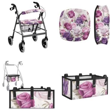 Imagem de Maiyoinou Capas florais para assento de andador e encosto presentes ideais para idosos em vida assistida cesta de andador de grande capacidade bolsa de andador nunca tomba sobre o andador (conjunto de