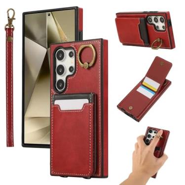 Imagem de Capa para Galaxy A55 5G com cordão curto, bolso para cartão de couro, capa tipo carteira, suporte de anel (para Galaxy A55 5G/vermelho)