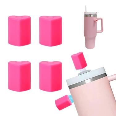 Imagem de HIUSITY Pacote com 4 tampas magnéticas de palha de coração para Stanley Cup, tampas de palha rosa de silicone para copo de 10 mm, tampas reutilizáveis para acessórios de copo Stanley