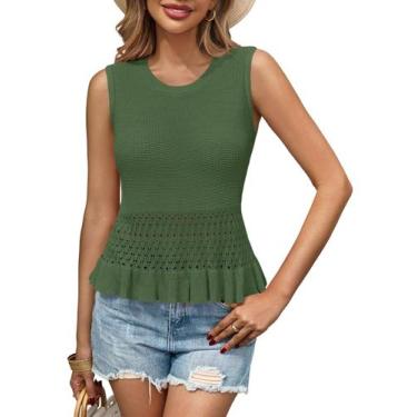 Imagem de Camiseta regata de crochê Saodimallsu sem mangas com babado verde mili