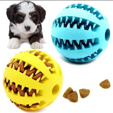Imagem de JALIYA'S Bola de brinquedo de petisco para cães, brinquedo de limpeza de dentes de cachorro, brinquedos interativos para cães (1 amarelo + 1 azul) pacote com 2 brinquedos de mastigar para cães, bolas
