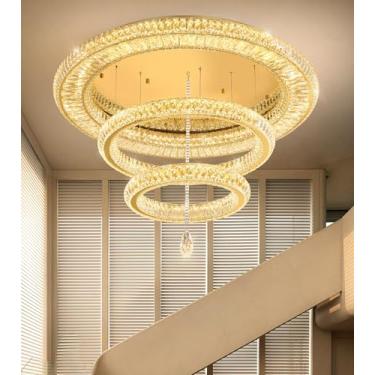 Imagem de Lustres de cristal modernos de 101 cm para teto alto luminárias de teto reguláveis de LED para sala de estar grande luz de montagem embutida quartos, hall de entrada, corredor, entrada dourada