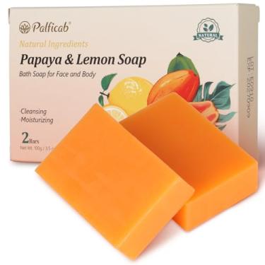 Imagem de PALFICAB Sabonete natural com mamão e limão, sabonete em barra esfoliante para homens e mulheres, espuma suave e hidratante com óleo de coco e manteiga de karité, sem crueldade, limpa e suaviza