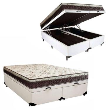 Imagem de Cama Box Baú Bipartido Casal Blindado Corino+Colchão Casal Espuma ExtraFirme D33 EleganceOrtopédico 72x138x188 Branco