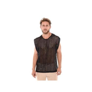 Imagem de Regata Masculina Arrastão Oversized Camiseta Crochê Preta - Leao de ou