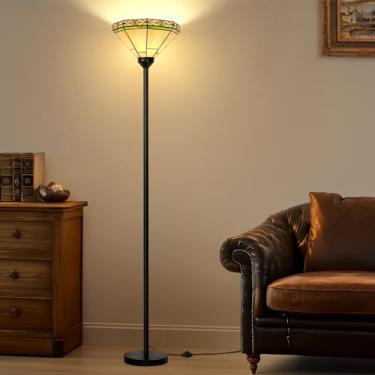 Imagem de Luminária de chão Tiffany, luminária de pé Tochiere com persiana de vitral, lâmpada de poste alta vintage com interruptor de pé, luz de canto decorativa para sala de estar, quarto, escritório em casa