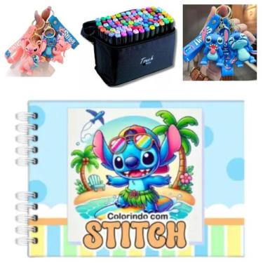 Imagem de Kit Livro de Colorir Lilo Stitch 24, 48, 60, 80 ou 120 Canetinhas Touc