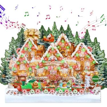 Imagem de DISJOURNEY Cartões de Natal com luzes e música – Cartão de Natal musical 3D Pop Up Encantador Casa de gengibre com luzes LED de fibra óptica para crianças, família (inclui envelope e adesivo de selo)