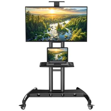 Imagem de Carrinho de TV móvel para TV de tela plana/curva de 32 a 75 polegadas, suporte de TV portátil com rodinhas com prateleira ajustável em altura, carrinho de carrinho máximo VESA 600 x 400 mm até 45 kg