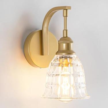 Imagem de Aleslsop Arandelas de parede de 1 luz, arandelas de parede douradas vintage com sombra de vidro texturizado, lâmpada de parede para sala de estar, quarto, corredor, banheiro (E26)