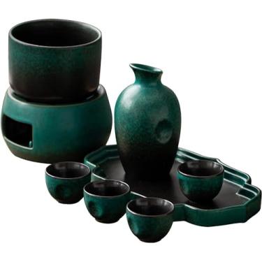 Imagem de JOEUQK Conjunto de saquê com aquecedor, conjunto de 9 peças de saki quente de cerâmica tradicional, incluindo 1 fogão de vela, 1 caneca de saquê, 1 pote de saquê, 4 copos de saquê, 1 bandeja, 1