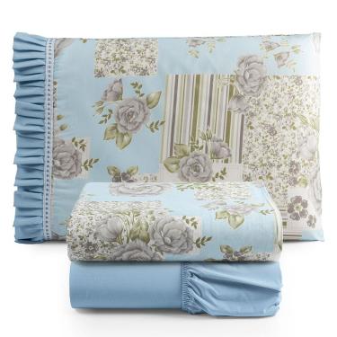 Imagem de Jogo Cama Lençol Fiore Solteiro Estampado 180 Fios 100% Algodão Com Babadinho 3 Peças Azul Floral