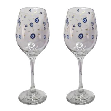 Imagem de Kit 2 Taças de Vidro Grande 490ml Vinho Água Olho Grego