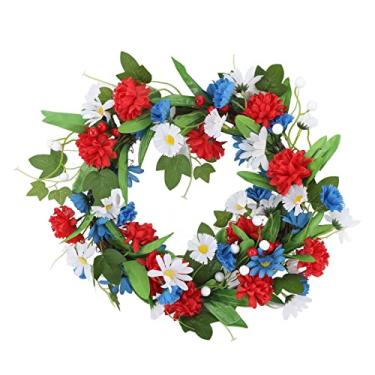 Imagem de Guirlanda patriótica, decoração do Dia da Independência, vermelho, branco, azul, flor de seda para porta da frente, lareira, decoração de casa, 15,7 polegadas