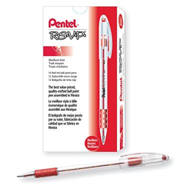 Imagem de Pentel® Canetas esferográficas R.S.V.P.®, ponta média, 1,0 mm, barril transparente, tinta vermelha, pacote com 12
