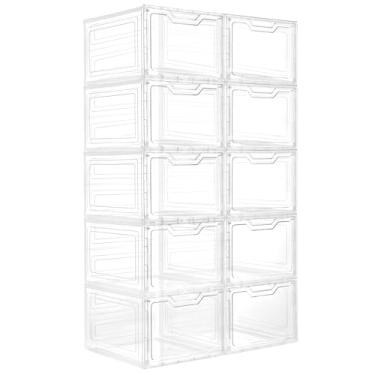 Imagem de Tivuze Caixas de armazenamento com tampas, pacote com 10 recipientes organizadores de armário de plástico transparente empilháveis com caixa de porta magnética para guarda-roupa, quarto, escritório