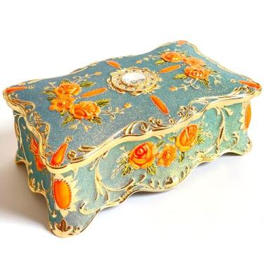 Imagem de Baú de joias rosa estilo pastoral caixa de metal bugiganga vintage bandeja de armazenamento de pedras preciosas lembrança de tesouro estojo de presente para meninas mulheres (dourado estrela azulada