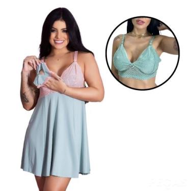 Imagem de Kit Maternidade Camisola Amamentação + Sutiã Renda Gestante Confortáve