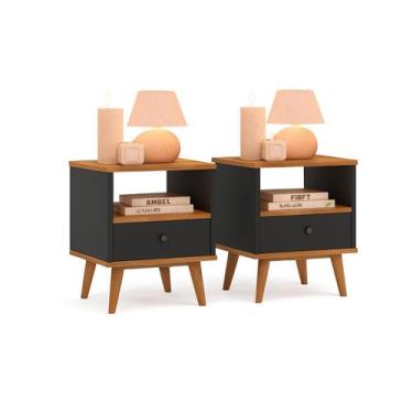 Imagem de Kit 2 Mesas de cabeceira Preto quarto 1 gaveta e um Nicho pés palito T