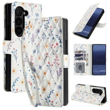 Imagem de Capa carteira para Samsung Galaxy Z Fold 5 com alça de pulso removível - couro sintético e TPU, fecho magnético, 3 compartimentos para cartão, bolso para dinheiro, suporte, à prova de choque, estampa