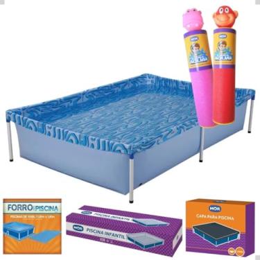 Imagem de Piscina 1500 Litros Quadrada com Capa e Forro + Lan?a Agua Brinquedo Infantil Kit (Vermelho Rosa)