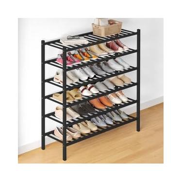 Imagem de Smiry Sapateira de bambu para armário, organizador de sapatos empilhável de madeira de 6 níveis, prateleira de armazenamento de sapatos de pé livre para entrada, entrada da porta da frente, preto