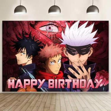 Imagem de Desenho animado para Jujutsu Mangá Kaisen Pano de fundo de Happy Birthday Party Supplies Kawaii para meninos e meninas, faixa de feliz aniversário para decoração de festa infantil (1,5 x 0,9 m).