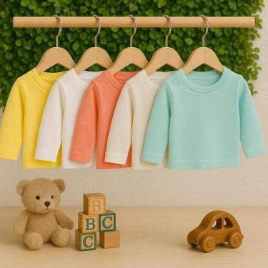 Imagem de Kit 5 Camisetas Manga Longa Bebê Menino Menina P M G Algodão - BigToon