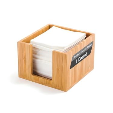 Imagem de Restaurantware Porta-guardanapos de coquetel de 14 x 10 cm, 1 suporte de guardanapo plano quadrado - para bares, mesas de cozinha ou bancadas, suporte de guardanapo de tecido de bambu natural