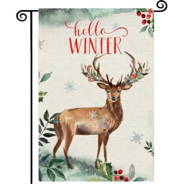 Imagem de Hello Winter Rena Floco de neve bandeira de jardim 30,5 x 45,7 cm dupla face, inverno rústico pequena serapilheira sazonal feriado quintal decoração ao ar livre