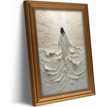 Imagem de Arte de parede vintage com moldura dourada de Jesus abstrata Jesus andando na água impressões em tela imagem espiritual cristã luz divina crenças religiosas pintura pôster arte para sala de estar