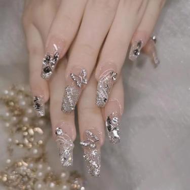 Imagem de Pregos de pressão de caixão médio, glitter francês, cola falsa, unhas com design de pingente de borboleta de liga 3D, strass, cobertura completa, bastão falso artificial em unha de acrílico, para