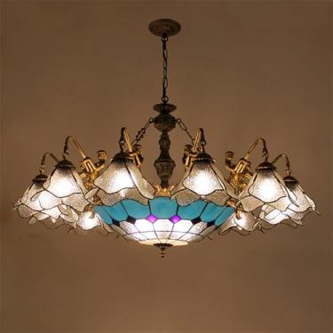 Imagem de Lustre de luxo americano para sala de estar, com LED, estilo mediterrâneo, para restaurante, quarto, villa, hotel, café ou bar, com luminária pendente de vidro colorido (C 12 lâmpadas)