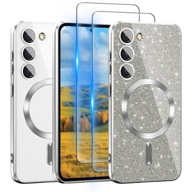Imagem de Capa para Samsung Galaxy S23 compatível com MagSafe, [cartão de glitter e 2 peças de películas HD] Linda capa brilhante brilhante [nunca amarela], fina, à prova de choque, antiarranhões, capa
