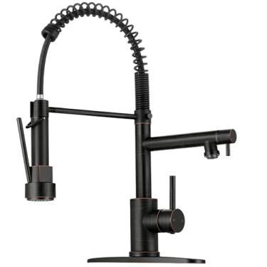 Imagem de RNDIOZD Torneira de cozinha com pulverizador de puxar para baixo - Torneiras de cozinha comerciais de manípulo único ORB, torneira de pia de cozinha com 2 bicos, torneira de pia de mola de aço