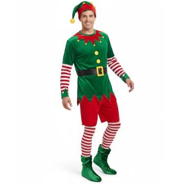 Imagem de Hillban Fantasia masculina de elfo de Natal adulto fantasia de Natal ajudante de Papai Noel cosplay terno com chapéu listrado meias (vermelho e verde, médio, estilo 1)