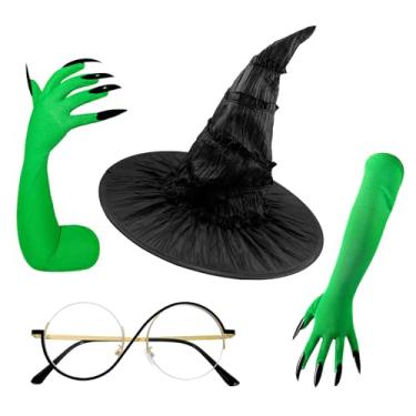 Imagem de SUNOVELTIES Halloween Witch Costume Set Green Claw Gloves Black Witches Hat & Glasses Wicked Movie Cosplay Party Accessories