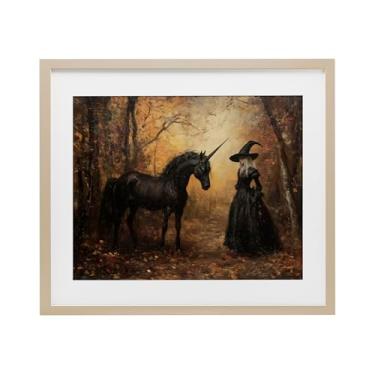 Imagem de Stupell Industries Impressão emoldurada de bétula de bruxa e unicórnio preto sob vidro, design por Arlington Prints, 13 x 16