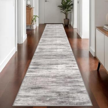 Imagem de KOZYFLY Tapete moderno abstrato lavável corredor 6 x 35 cm tapete de corredor antiderrapante macio tapete de corredor de cozinha, tapete listrado cinza-bege para entrada, banheiro, lavanderia, hall de