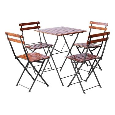 Imagem de Conjunto Mesa Dobrável 60x60 Cm Com 4 Cadeiras Ferro E Madeira Maciça Envernizada Natural