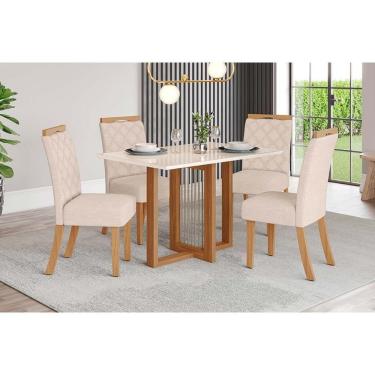 Imagem de Sala De Jantar Completa Natalí C- Tampo Madeirado C- Vidro Reto 120x80cm E 4 Cadeiras Bella Nature-veludo Light Linho - Henn